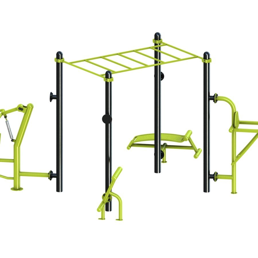équipement de sport extérieur pour une aire de fitness outdoor : pont de singe, abdos, lombaires, chaise romaine, multi press vue 3