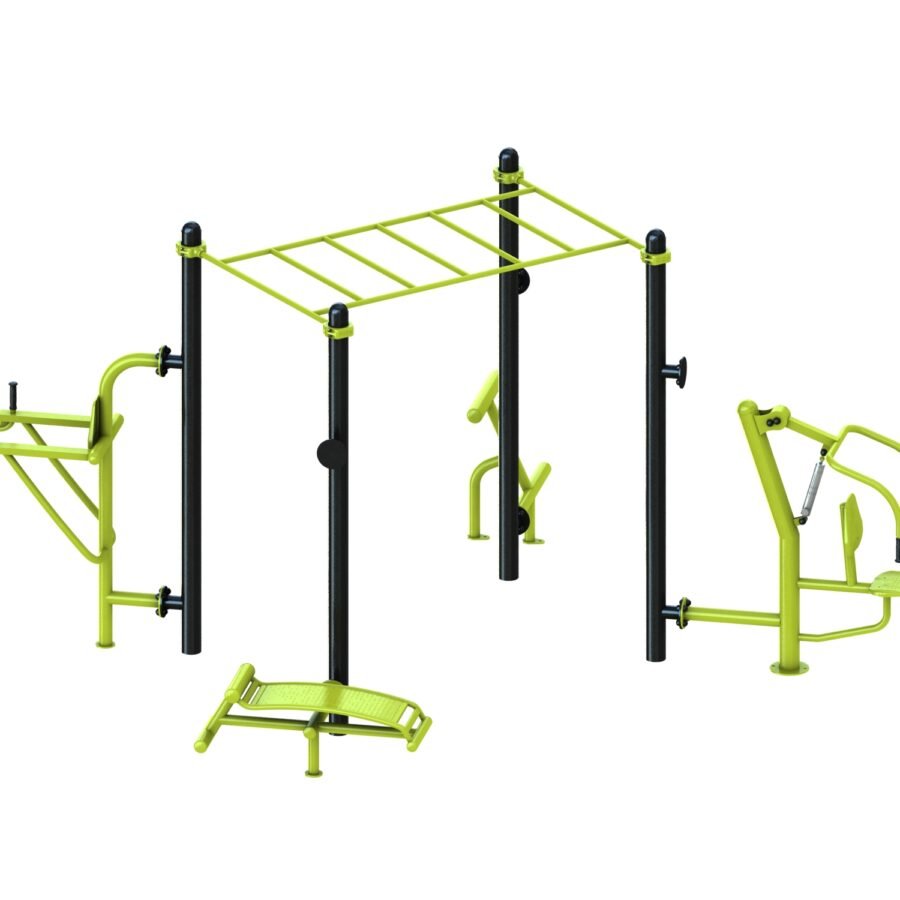équipement de sport extérieur pour une aire de fitness outdoor : pont de singe, abdos, lombaires, chaise romaine, multi press