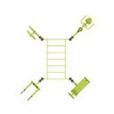 équipement de sport extérieur pour une aire de fitness outdoor : pont de singe, abdos, lombaires, chaise romaine, multi press vue dessus