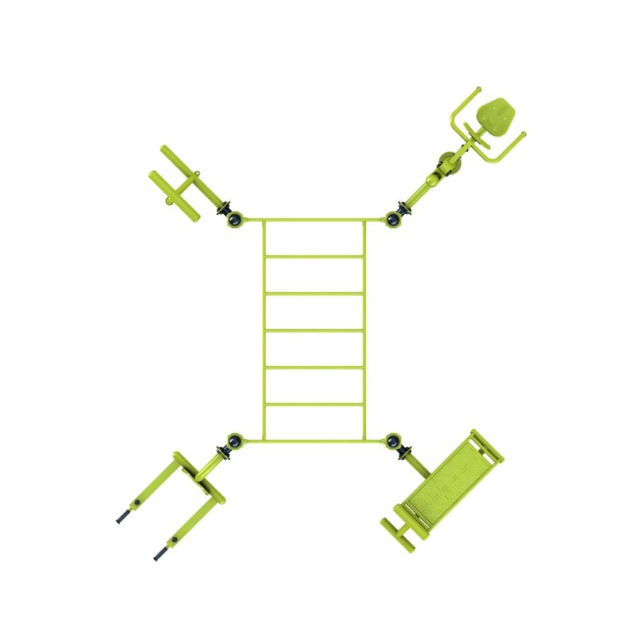 équipement de sport extérieur pour une aire de fitness outdoor : pont de singe, abdos, lombaires, chaise romaine, multi press vue dessus