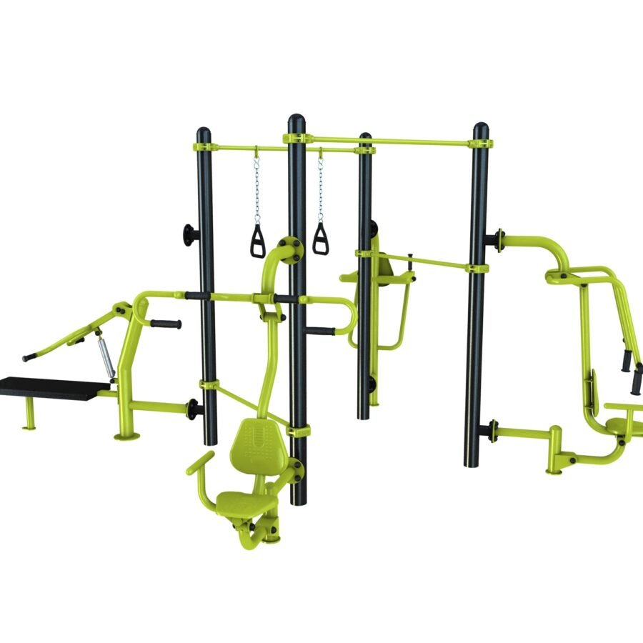 agrès de sport extérieur pour une aire de fitness outdoor : Chaise romaine, push, pull, chest press, TRX
