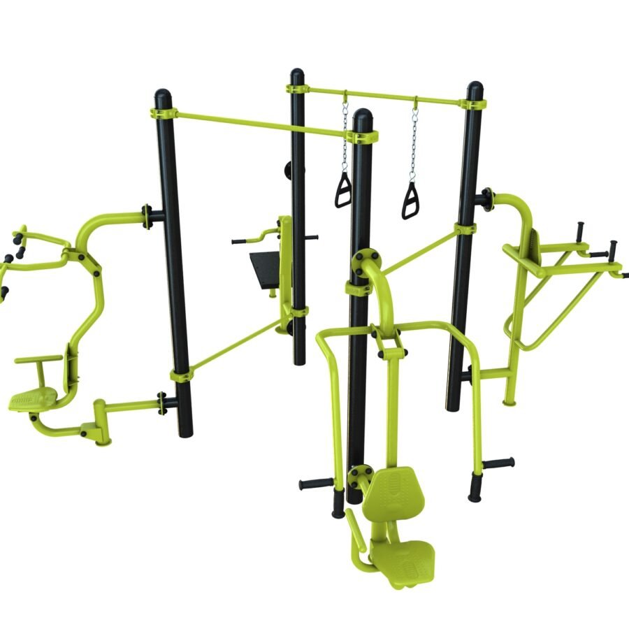 agrès de sport extérieur pour une aire de fitness outdoor : push, pull, chest press, chaise romaine, trx