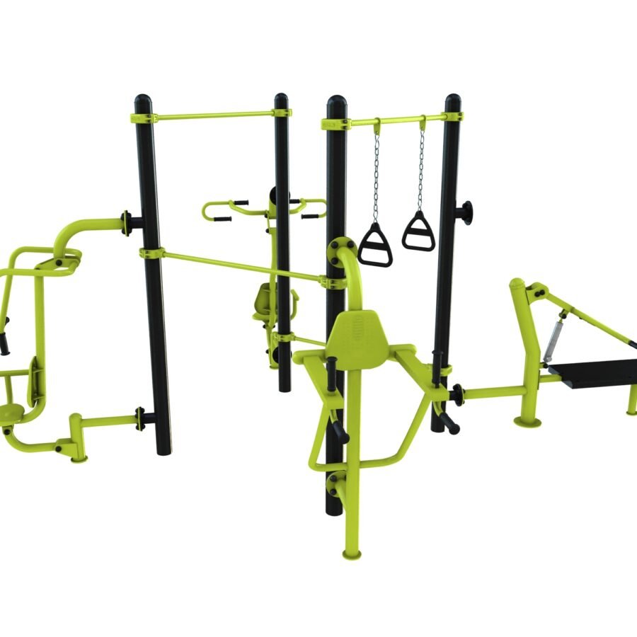 agrès de sport extérieur pour une aire de fitness outdoor : push, pull, TRX, chaise romaine.