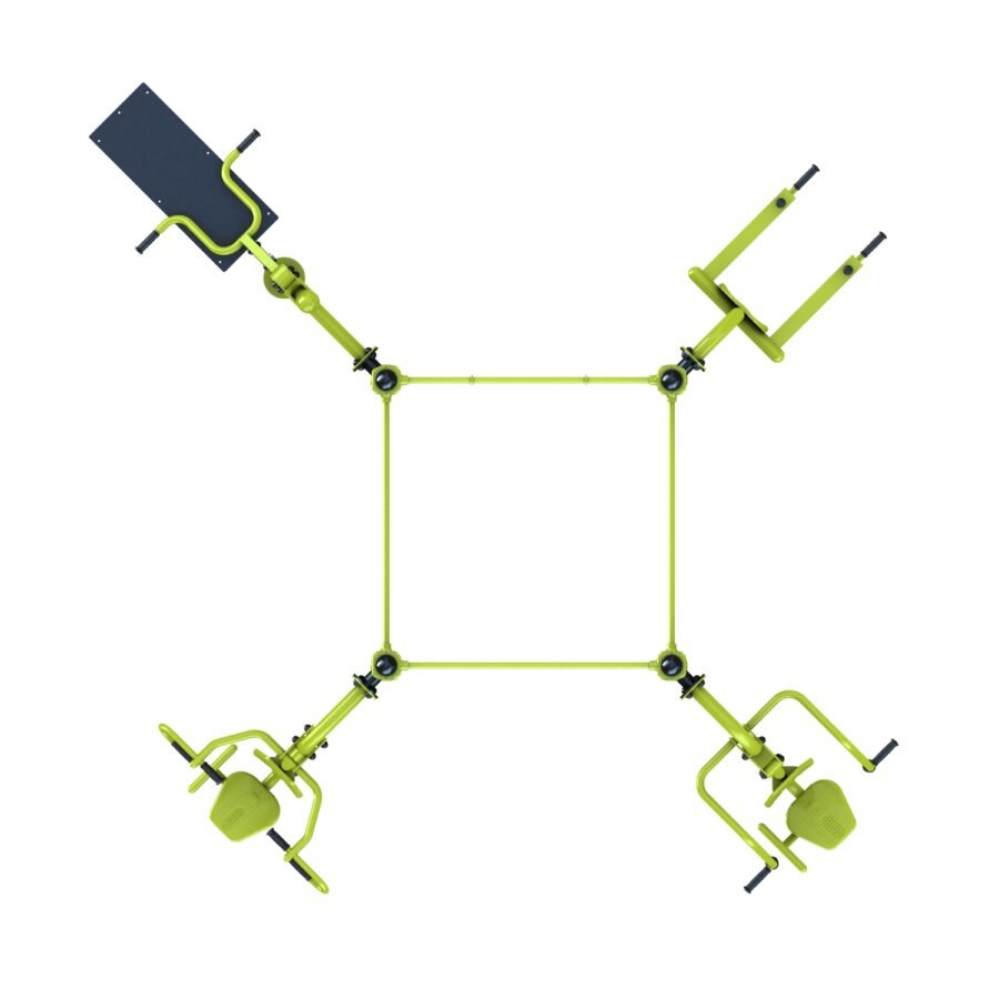 équipement de sport extérieur pour une aire de fitness outdoor : chest press, chaise romaine, pull, push, espalier vue dessus