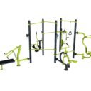 agrès de sport extérieur pour une aire de fitness outdoor : Chest press, vélo elliptique, push, pull, cavalcade, barre de traction, TRX