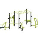 équipement de sport extérieur pour une aire de fitness outdoor : pont de singe, abdos, cavalcade, chaise romaine, multi press, barre traction