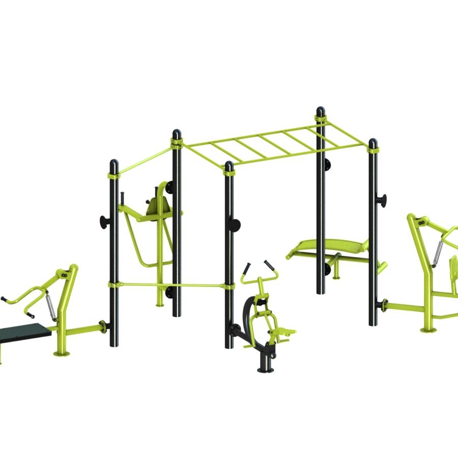 équipement de sport extérieur pour une aire de fitness outdoor : pont de singe, abdos, cavalcade, chaise romaine, multi press, barre traction