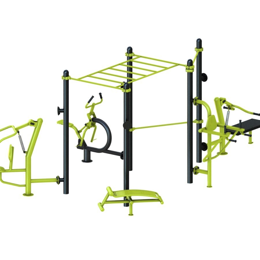 équipement de sport extérieur pour une aire de fitness outdoor : abdos, chest press, chaise romaine, multi press, cavalcade, pont de singe, barre de traction
