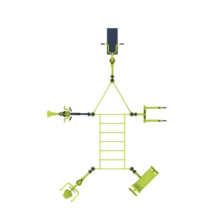 équipement de sport extérieur pour une aire de fitness outdoor : abdos, chest press, chaise romaine, multi press, cavalcade, pont de singe, barre de traction vue de dessus