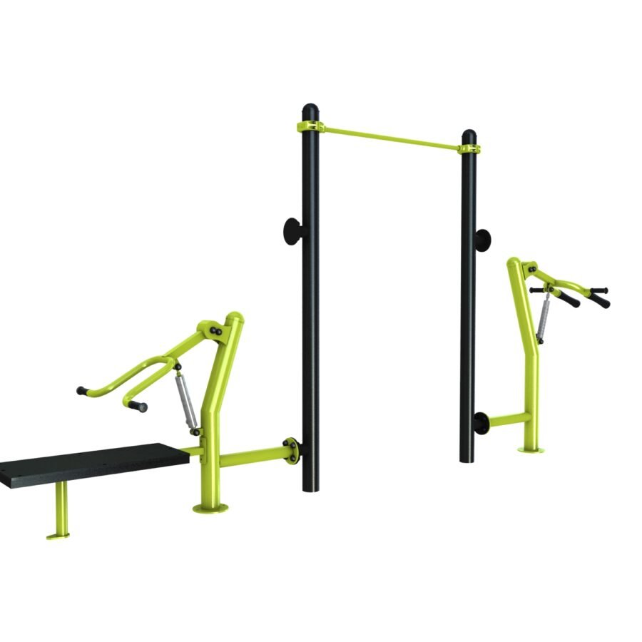 agrès de sport extérieur pour une aire de street workout outdoor : Chest press, barre de traction, Hack squat