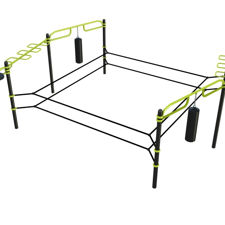 équipement de sport extérieur pour une aire de fitness outdoor : Ring, Sac de frappe et poire de vitesse.