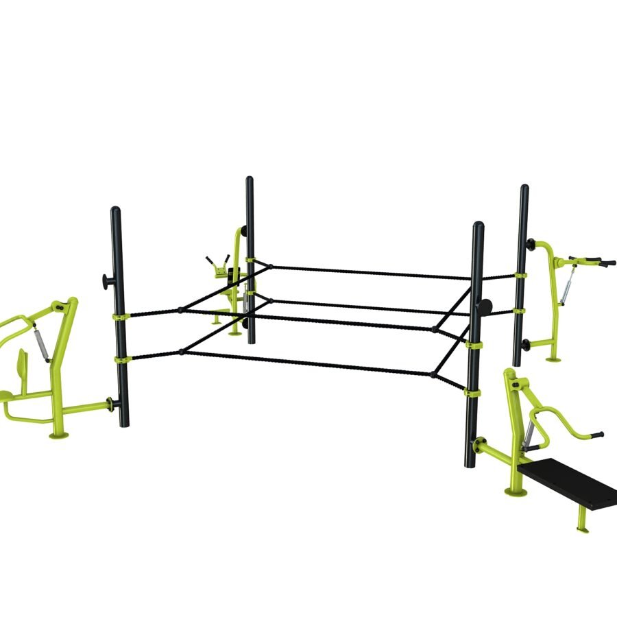 équipement de sport extérieur pour une aire de fitness outdoor : Ring, hack squat, chest press, multi press, crunch machine