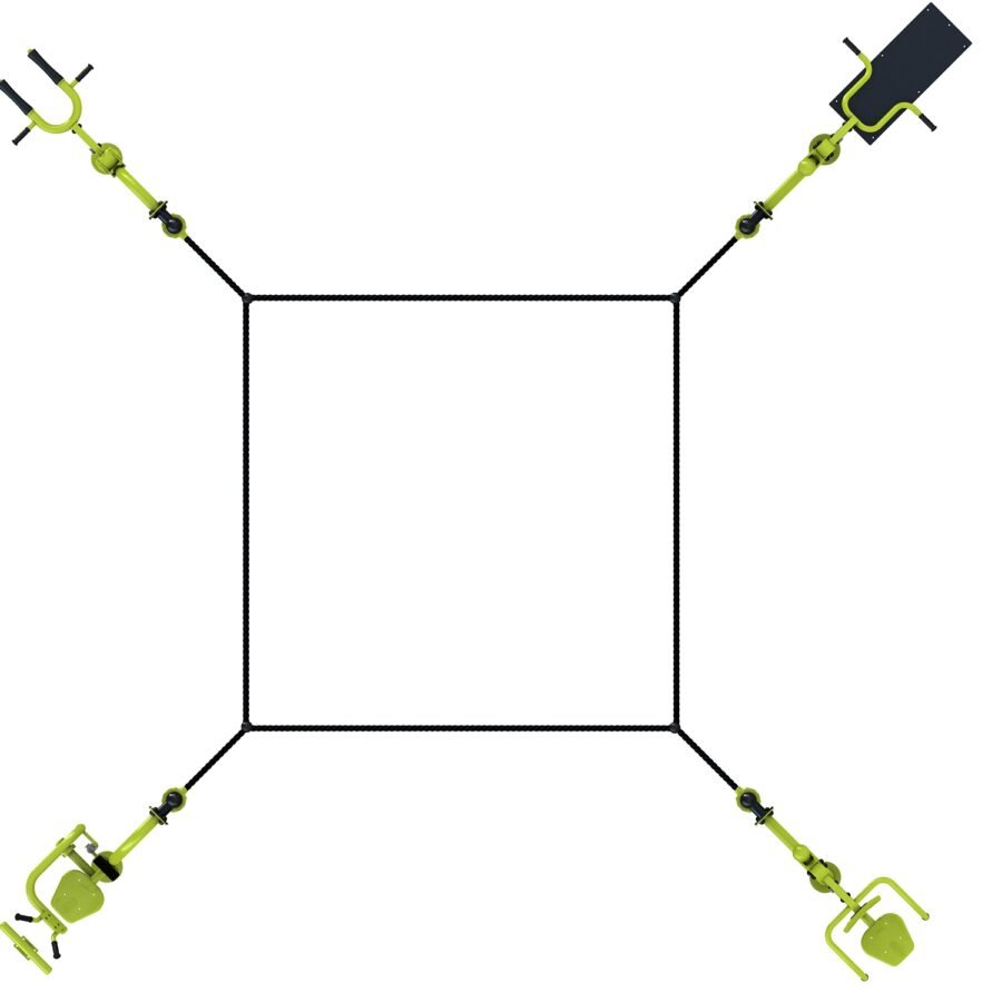 équipement de sport extérieur pour une aire de fitness outdoor : Ring, chest press, hack squat, crunch machine multi press.