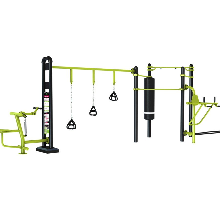 portique fitness street workout biceps curl, TRX, Sac de frappe, chaise romaine, battle rope