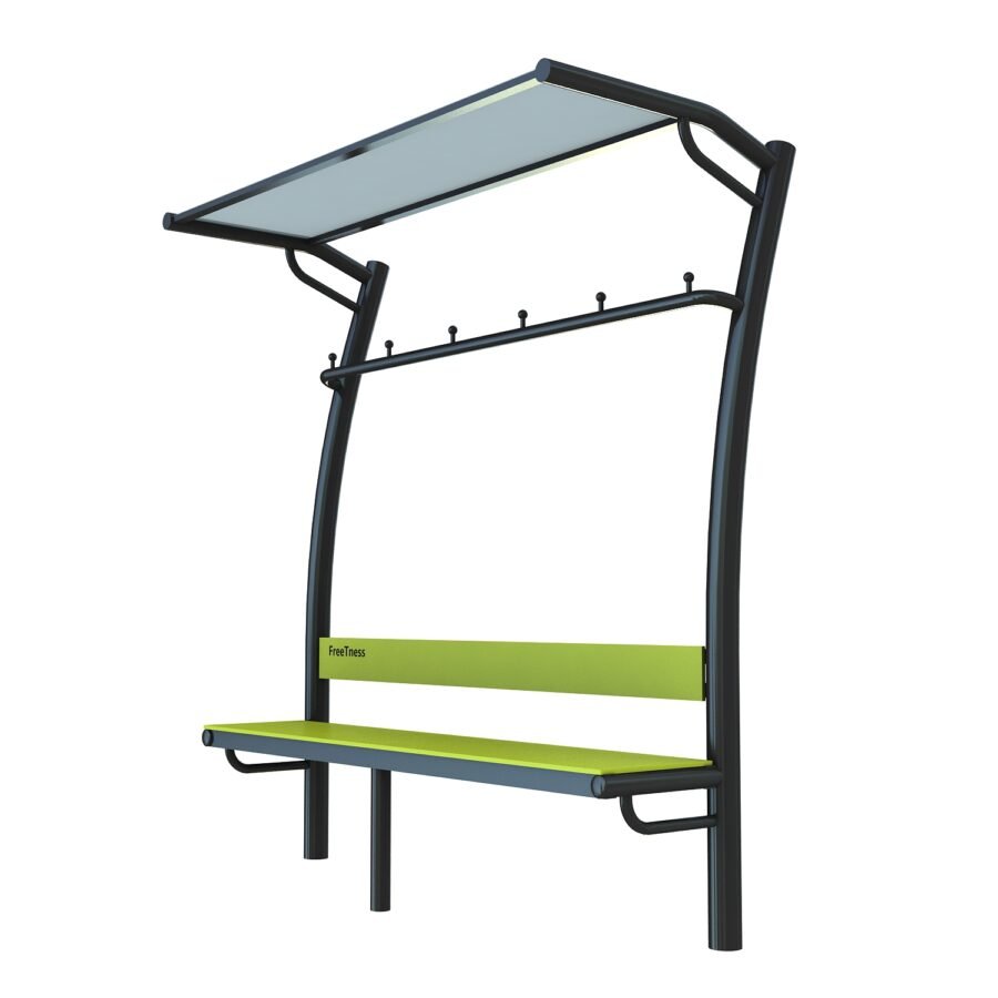Vestiaire avec banc et abri pour une aire de fitness freetness