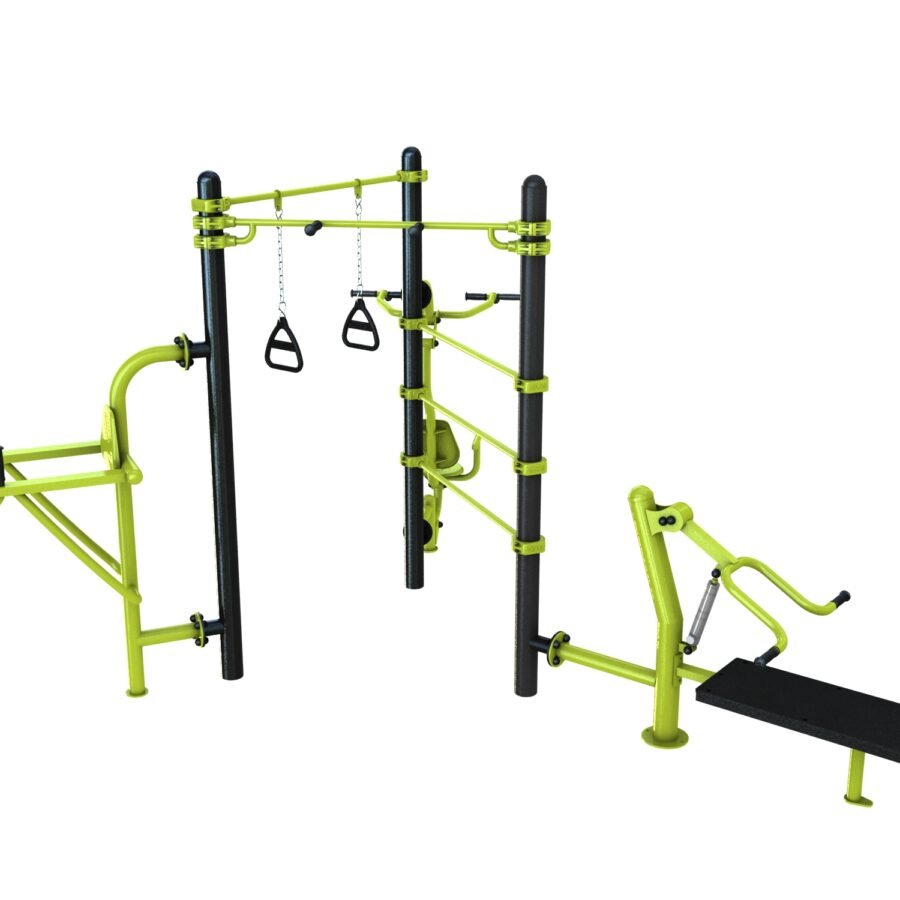 Station aire de fitness : Traction, espalier, TRX, Chest press, Chaise romaine, Pull