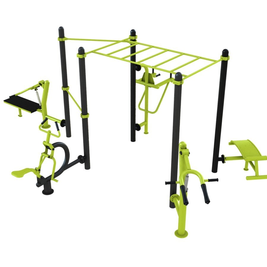 Station de fitness : Chest press, Cavalcade, Chaise romaine, Hack squat, Abdos, Pont horizontale, Barre traction