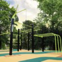 plateau de sport extérieur en sol souple avec une station de street workout